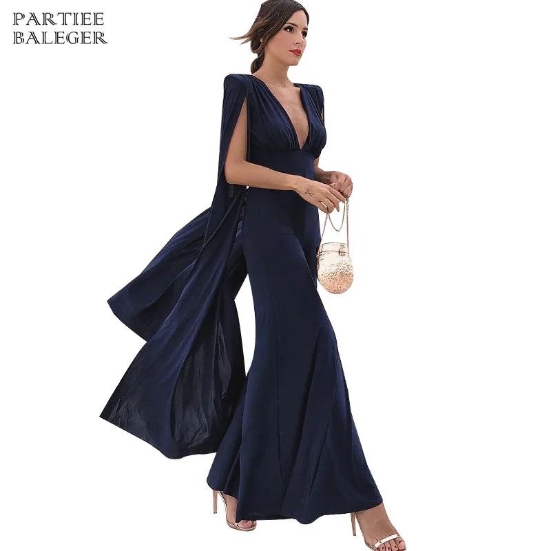 

2019 New Arrival Chic Navy Blue Jumpsuit Sexy Deep V Neck Backless Cloak Sleeves Design Celebrity Party Club Loose Jumpsuit