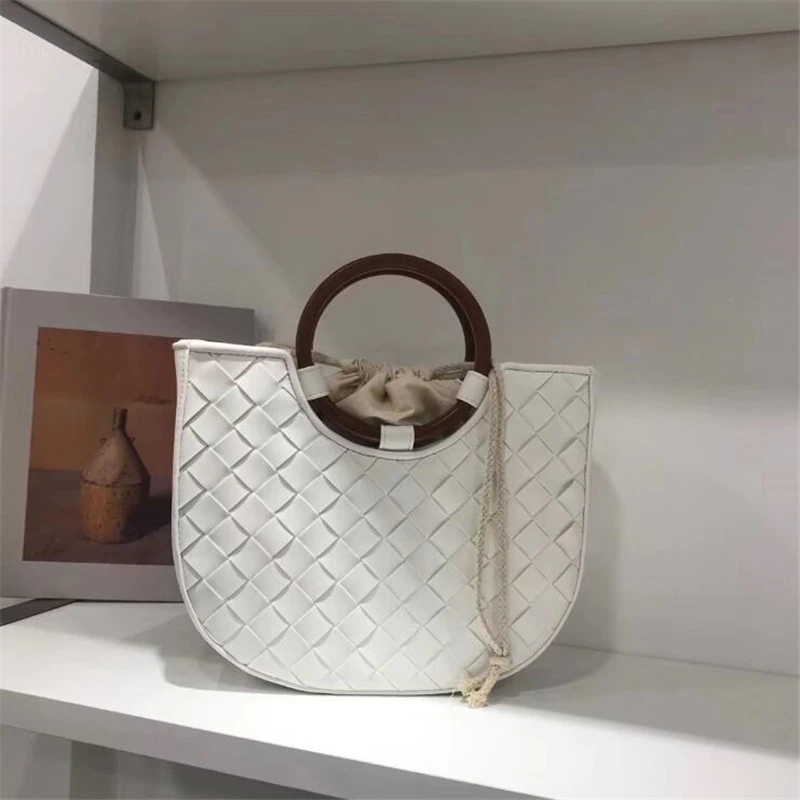 

PU leather woven handbags women Ring wood handle totes Candy Color large-capacity shopping bag female brand basket bag 2019 new