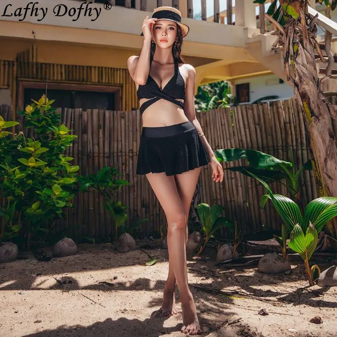 

Bikini female sexy split skirt slim hot springs vacation open back solid color high waist design size chest gather swimsuit 804