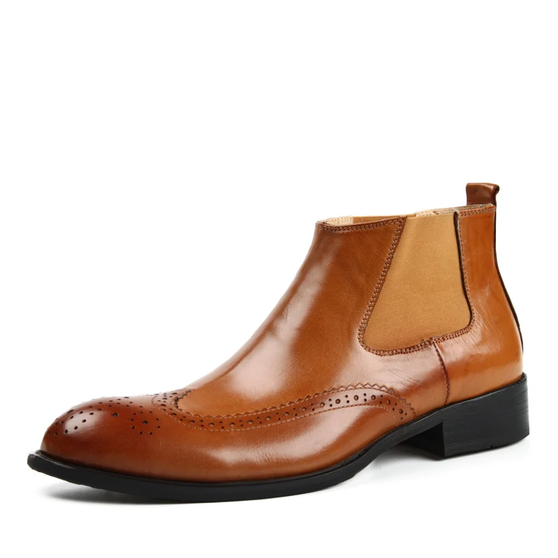 Ботинки с перфорацией типа «броги» из натуральной кожи; ботинки с натуральным лицевым покрытием; ботильоны; сезон осень; Свадебная обувь коричневого цвета; Дизайнерская обувь «Челси»; мужская обувь на высоком каблуке - Цвет: brown