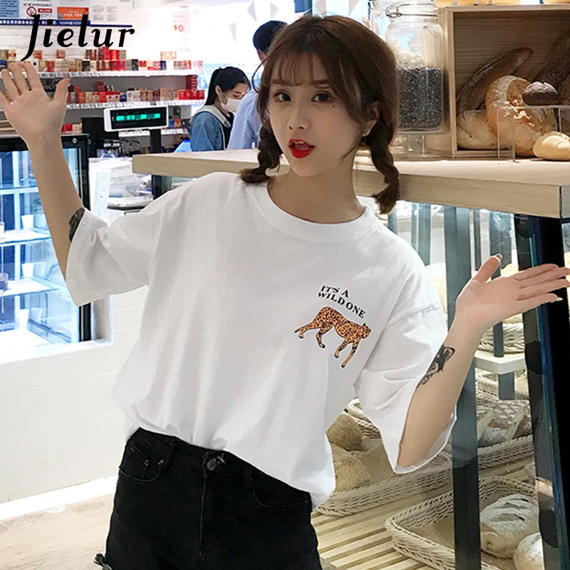 

Jielur Woman Tshirt Top Summer Cotton Girls Letter Leopard Printed Short Sleeve T Shirt Harajuku BF S-XL Loose Tee Shirt Femme