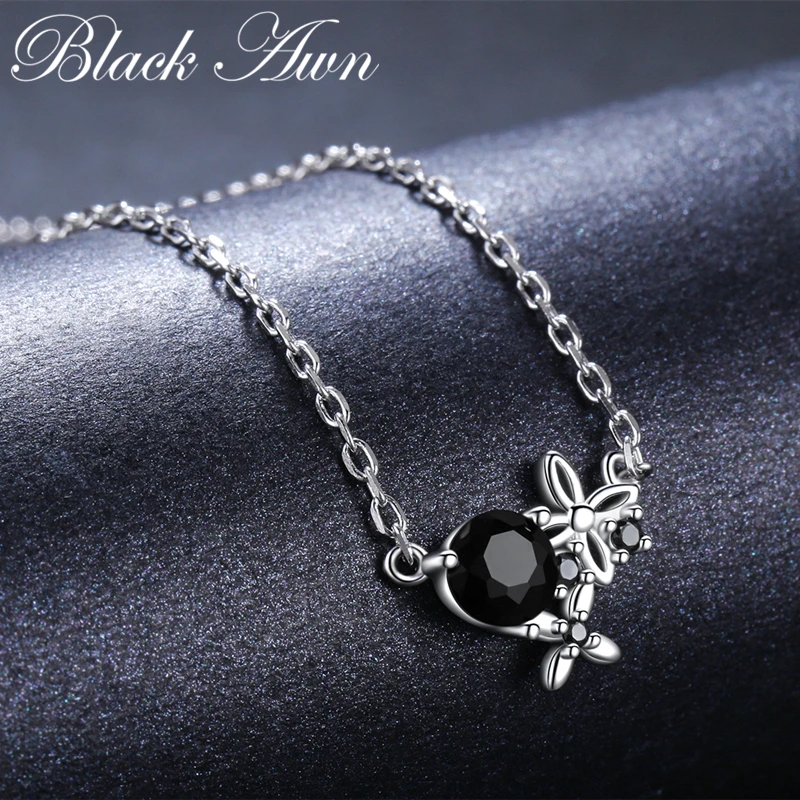 [BLACK AWN] Trendy Silver Color Necklace for Women Flower Black Spinel Necklaces Pendants Fashion Jewelry K035