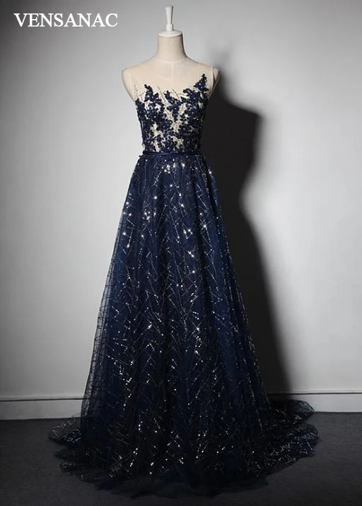 VENSANAC 2018 O Neck Crystals A Line Sequined Long Evening Dresses Lace Party Flowers Sash Sweep Train Prom Gowns VENSANAC 2018 O Neck Crystals A Line Sequined Long Evening Dresses Lace Party Flowers Sash Sweep Train Prom Gowns
