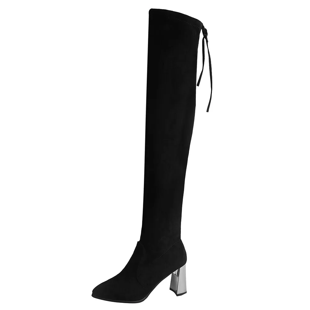 

Pointed Toe Flock Leather Women Over The Knee Boots Lace Up Sexy High Heels Women Shoes Lace Up Winter Boots Warm Size 35-40