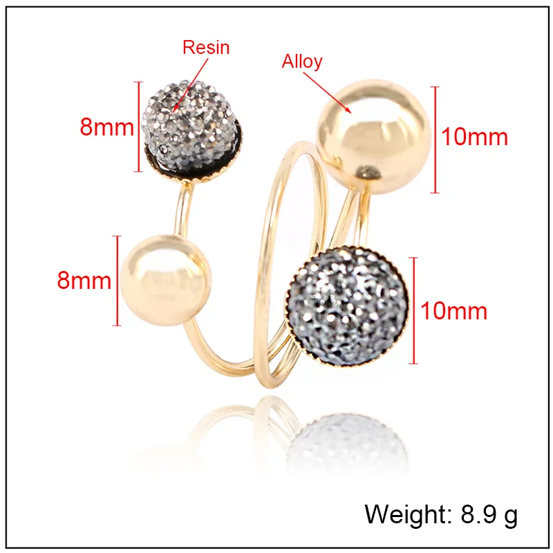 Silver and Gold-Color Korean Elegant Women Lovely Girls Adjustable Opening Rings with Metal Double Beads