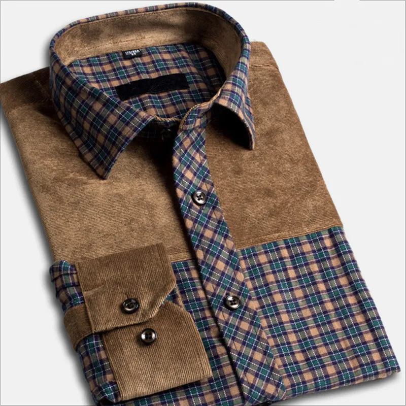 Prix Printemps Automne nouveaux hommes de mode en coton à carreaux chemise d âge moyen damier patchwork chemises à manches longues hommes grande taille S 4XL