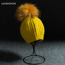 Модные осенние и зимние 16-17 см из натурального меха енота шарик из меха норки Кепка с помпонами вязаный свитер теплая Кепка-бини шерсть Кепки