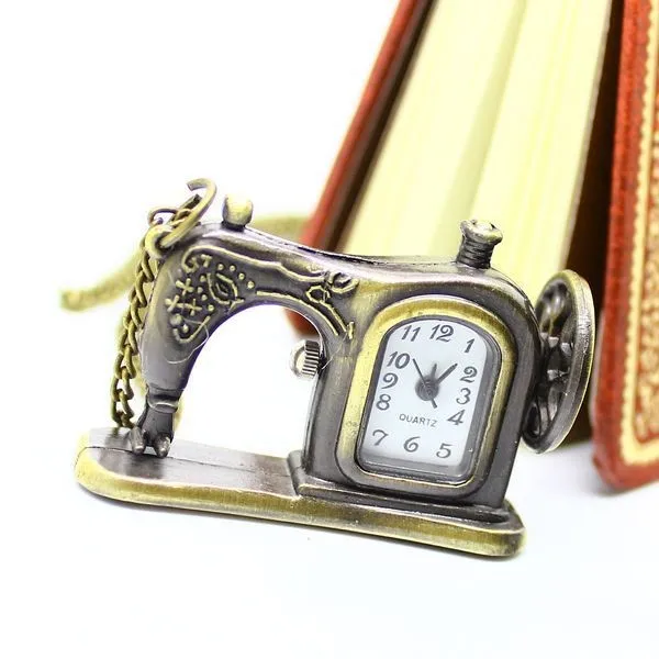 Античная бронза Вышивание машины карманные часы ожерелье подвеской Рождественский подарок P515