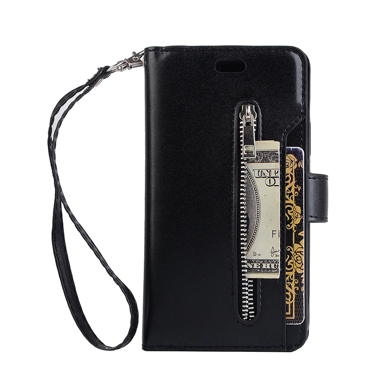 10 Держатель для карт бумажник с застежкой-молнией чехол для samsung Galaxy Note 10 10+ 9 8 S10E S10 S9 S8 плюс S7 A5 A7 кожаный чехол-портмоне с откидной крышкой Coque - Цвет: Черный
