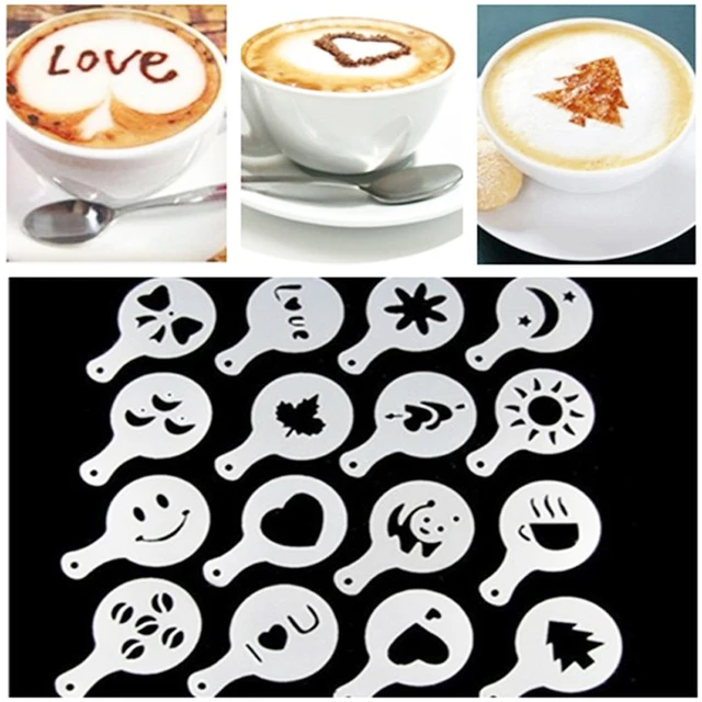 Special Price 16Pcs Coffee Mold Milk Cake Cupcake Decor Stencil Template Coffee Barista Cappuccino Template Strew Pad Duster Spray Tools