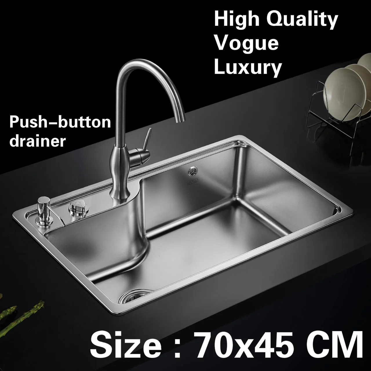 Free Shipping Apartment Wash Vegetables Big Kitchen Single Trough Sink Push Button Drainer 304 Stainless Steel Luxury 70x45 Cm In Kitchen Sinks From