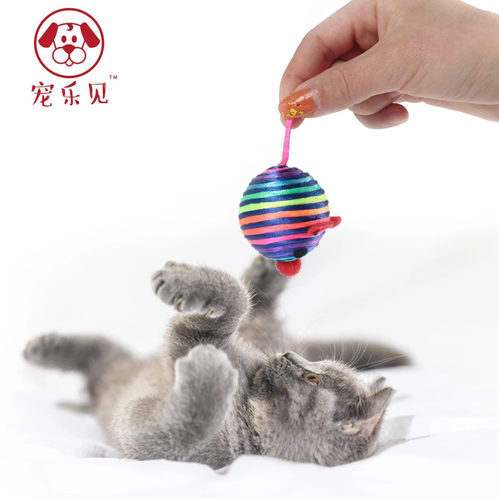 

Cat Toy Mice Toy Lovely Stripe Nylon Rope Round Ball Mouse Long Tail Bell Pet Cat Bite Play Toy