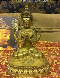 Китай Антикварные Тибет Chenrizig 4 Руки Кван-инь Будда Золотой Свинка Бронзовая Статуя украшения бронза заводские магазины