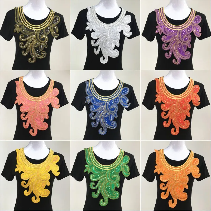 Image 1pc Big Luxurious Hot Fix Rhinestones African Lace Neckline Collar Iron On Embroidery Appliques For Cloth Accessories With Glue