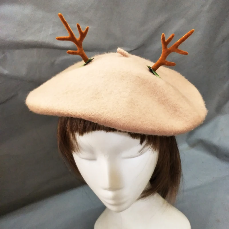 Handmade Antlers Beret Cap Beige Wool Blend Deer Horn Painter Hat Xmas