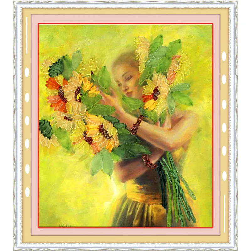 

Good mood Sunflower DIY Ribbon Embroidery Fashion 3d Print Cross Stitch Kit Needlework Unfinished Home Decoration Craft Gift