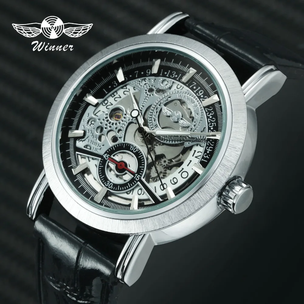 

WINNER Fashion Business Watch Men Leather Strap Skeleton Auto Mechanical Mens Watches Top Brand Luxury relogio masculino 2019