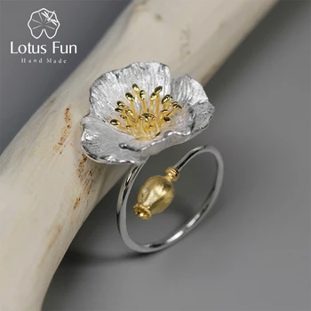 Lotus Fun Real 925 Sterling Silver Handmade Designer Fine Jewelry Blooming Poppies Flower Rings for Women Bijoux