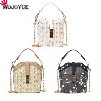 

Summer Straw Bag Pearls Flower Decor Shoulder Messenger Handbags Women Woven Small Chain Crossbody Bags