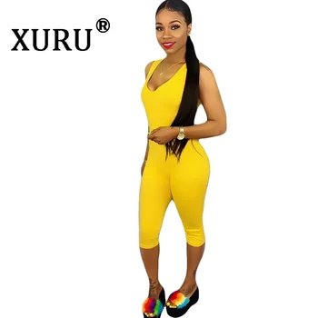 

XURU summer new hot women's jumpsuit sexy tight hollow open back jumpsuit solid color shorts