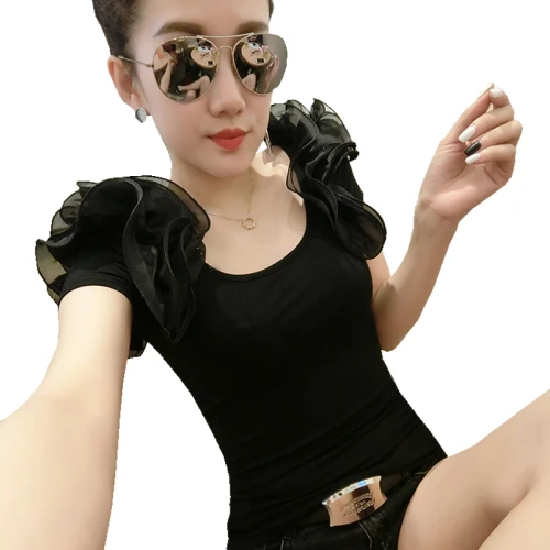 2021 Summer Plain Women Cotton Elastic Basic Female Ruffles Short Sleeve Sexy T Shirt Vogue Cotton Camiseta Korean Tops Female black