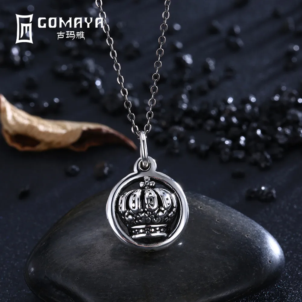 

GOMAYA 925 Sterling Silver Round Necklace Elegant Crown Pendant for Women Fine Jewelry Vintage Retro Punk Style Party