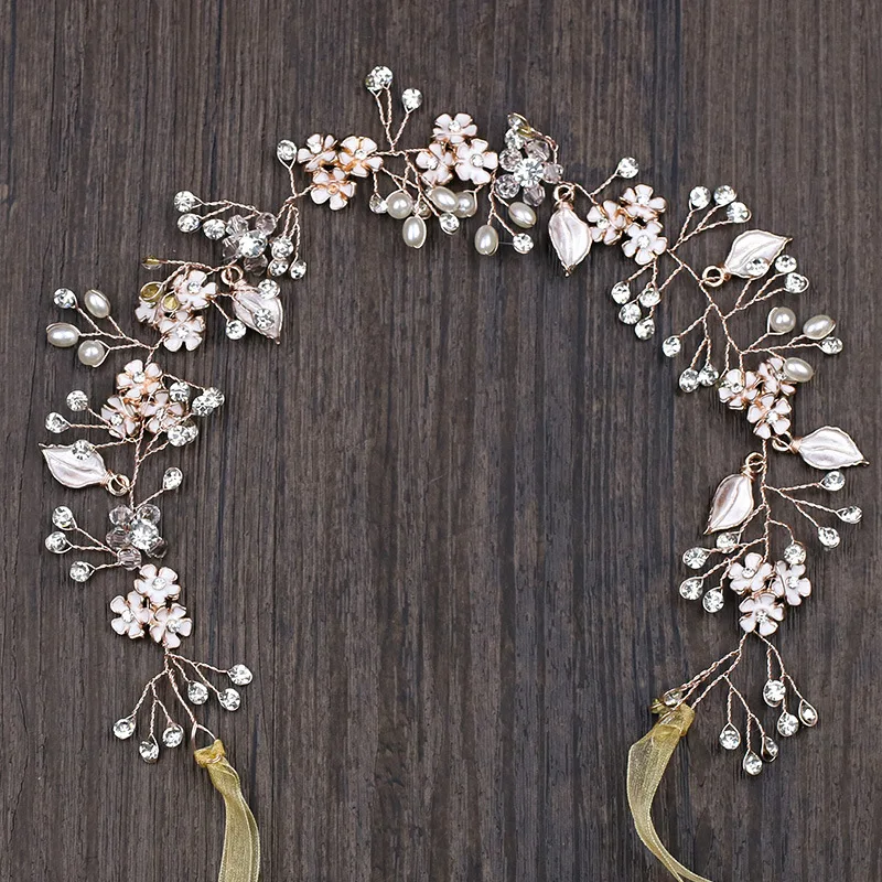 

Luxury Handmade Rose Gold Flower Leaves Bride Headband Crystal Pearl Wedding Head Piece For Women Hair Jewelry Accessories