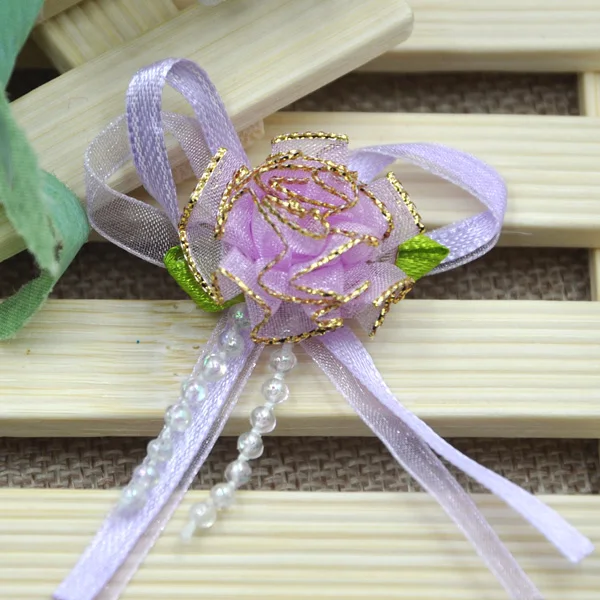 10 шт. Orangza цветы из атласной ленты банты W/листок розы Свадебное Украшение B54 - Цвет: Purple