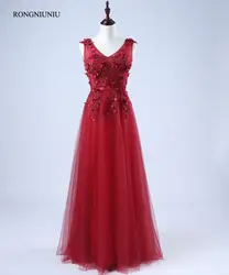 2017 длинные платья подружек невесты Тюль Плюс Размер v-образный вырез бордовое Бисероплетение аппликации цветы vestido de festa для свадебной