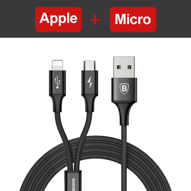 Baseus 2 in 1 USB Cable For iPhone Xs Max Xr X 8 7 6 Fast Charging Charger Micro USB Cable Android Mobile Phone Microusb Cable - Цвет: Black