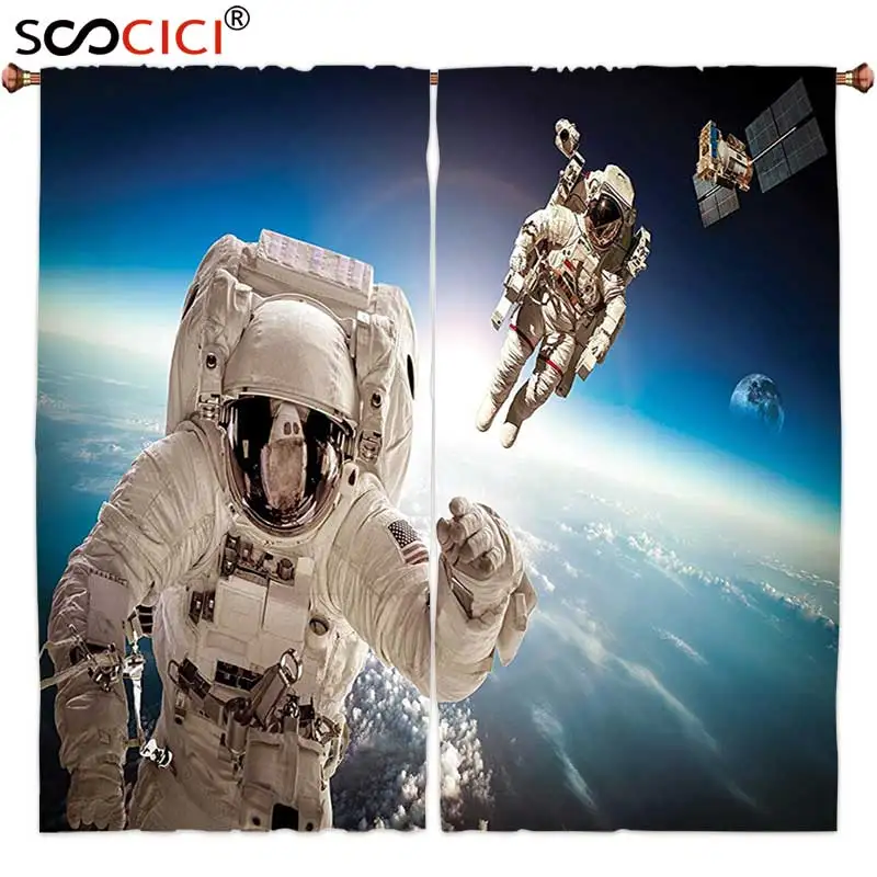 

Window Curtains Treatments 2 Panels,Outer Space Decor Cosmonaut Crew in the Universe Astronomy Atmosphere Astral Journey Image
