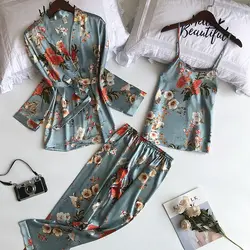 Пижамный комплект 3 предмета печати ночная рубашка с цветочным рисунком Pijama домашний костюм для женщин белье кимоно femme атласные пижамы pjs