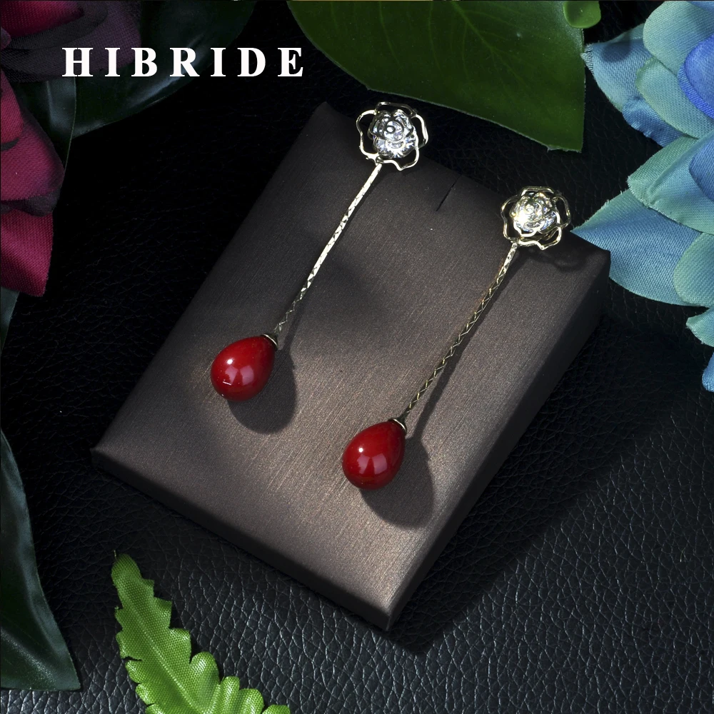 

HIBRIDE Fashion Jewelry Gold-Color Earrings Long Chain Red Pearl Earrings For Women E-42
