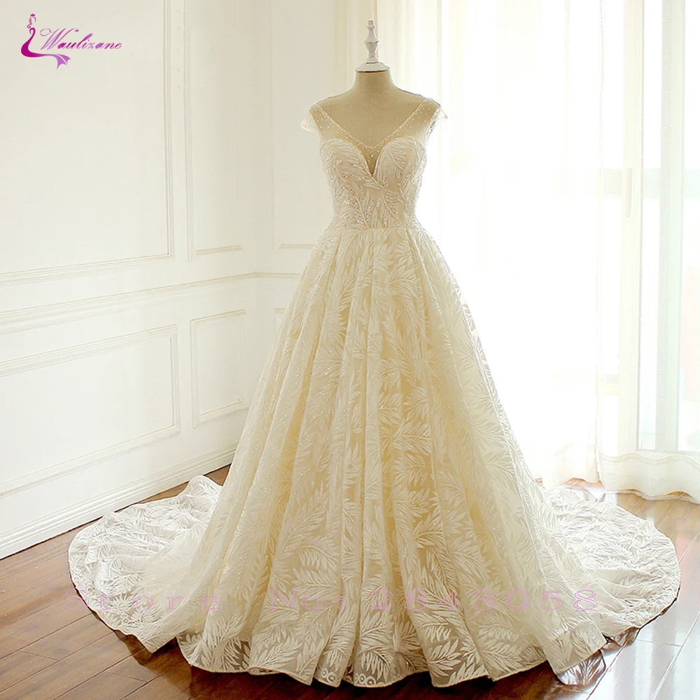 

Waulizane Luxury Tree leaf Shape Appliques Elegant Lace A-Line Wedding Dresses Deep-V Neckline Bride Dresses
