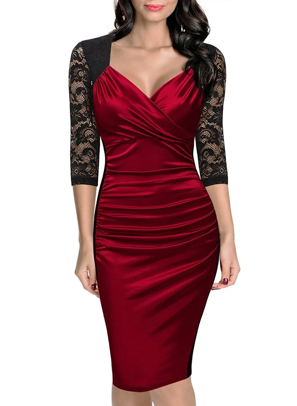 

Women Dress Casual Straight Three Quarter Sleeve Vestidos Lace Knee-Lenght V-Neck Summer Evening Party Dress 446