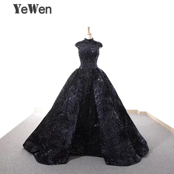 

Robe De Soiree New Elegant Navy Blue Sequined Evening Dress 2020 Long Sparkle High Collar Wedding Party Gowns Formal YeWen