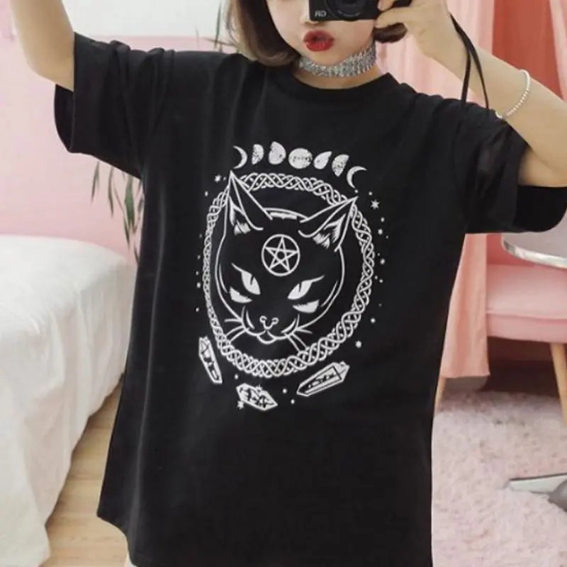 

New Women graphic stylish T-shirt Solid Color Kitty Printed Loose casual black good aesthetic Tops Plus Size
