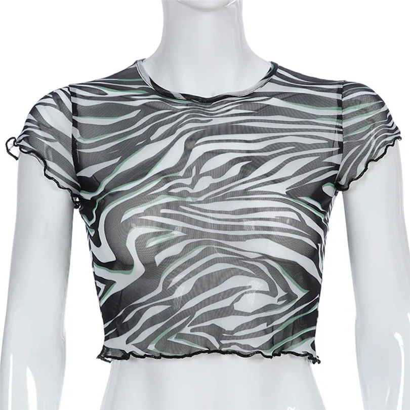 New Womens Sheer Zebra-Stripe Print Mesh T-Shirt Sexy Mesh Cover Up Casual Crop Top Crew Neck Stretchy T Shirt Tops Tee #4A26  (5)