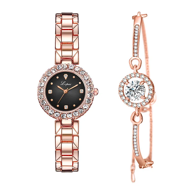 Luxury Diamond Green Watch Women Crystal Watches Bracelet Set Female Jewelry Fashion Rose Gold Starry Quartz Watch For Lady Gift - Цвет: black bracelet