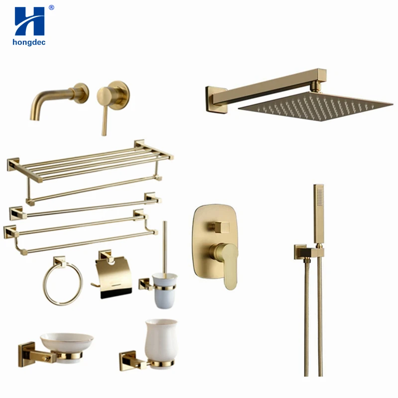 

Hongdec Luxury Brass Brushed gold Wall Mount rainfall shower system Faucet Bathroom Accessories set