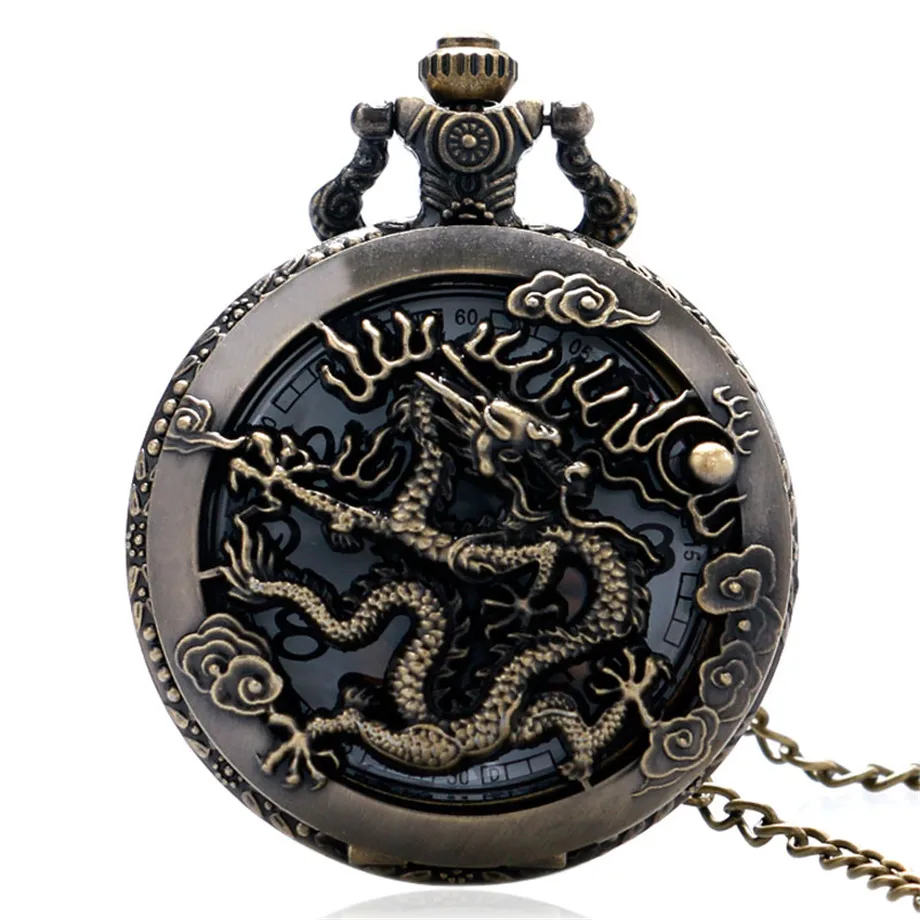 Античная Китайский Зодиак карманные часы 3D Полые Восточный Дракон Вырезка кулон цепи Изысканные Подарки на день рождения часы для Для