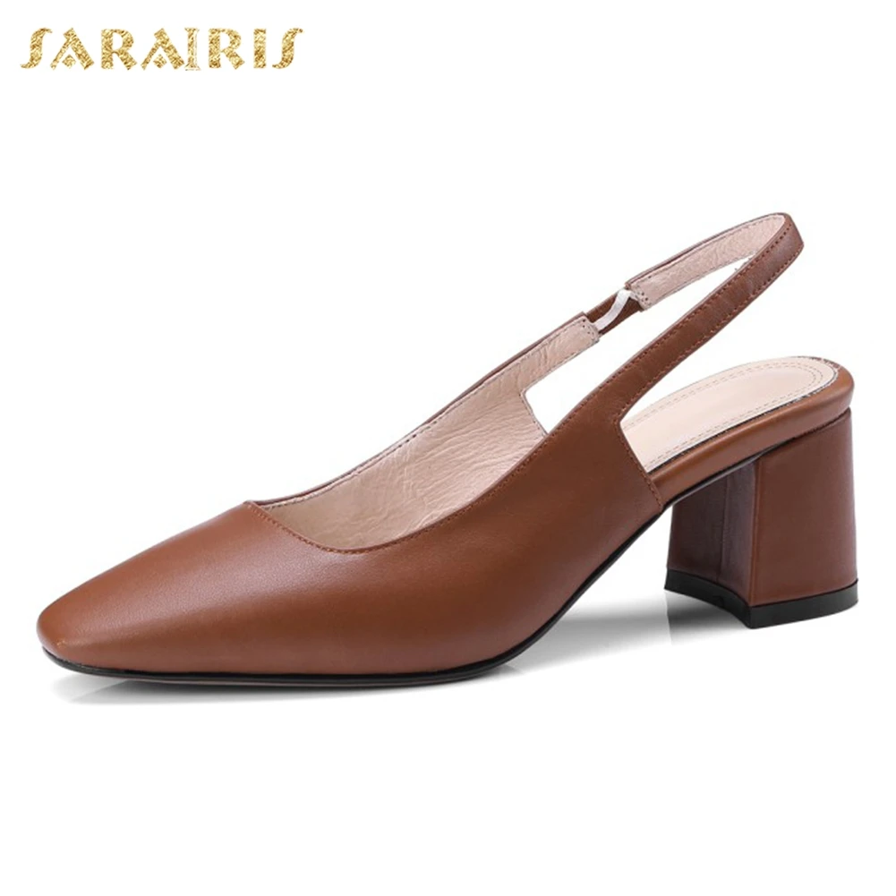 

SARAIRIS Genuine Cow Leather Retro Chic Sandals Woman Shoes Chunky Heels Slip On Comfortable Casual 3 Colors Shoes Woman Sandals