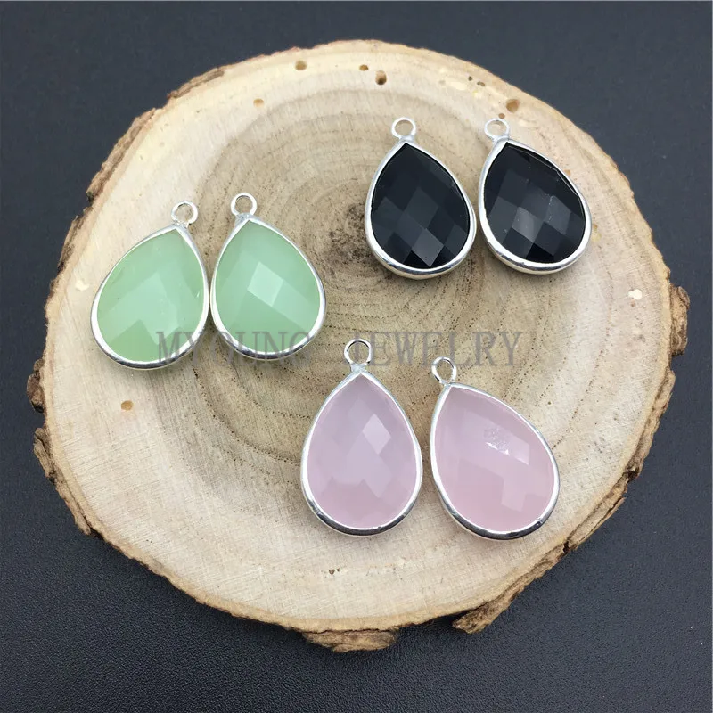 MY0636 Multi Color Faceted Teardrop Shape Glass Pendant Charm Bezel Silver Edge and Bail  (1)