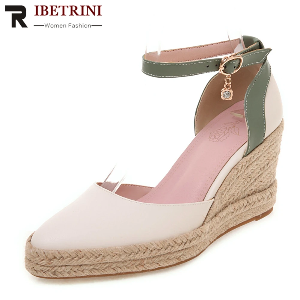 

RIBETRINI New Concise Ankle Wrap High Heels Wedges Pumps Woman Platform Pumps Shoes Woman Plus Size 32-44 Woman Shoes Woman