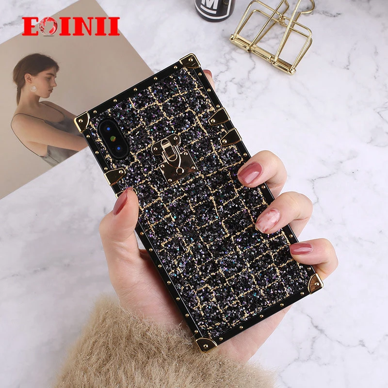 

New Phone Cases for Apple Iphone 7 8 6 6S Plus X XR XS Max Luxury Glitter Shiny Powder Square Lattice Soft TPU Case Back Cover