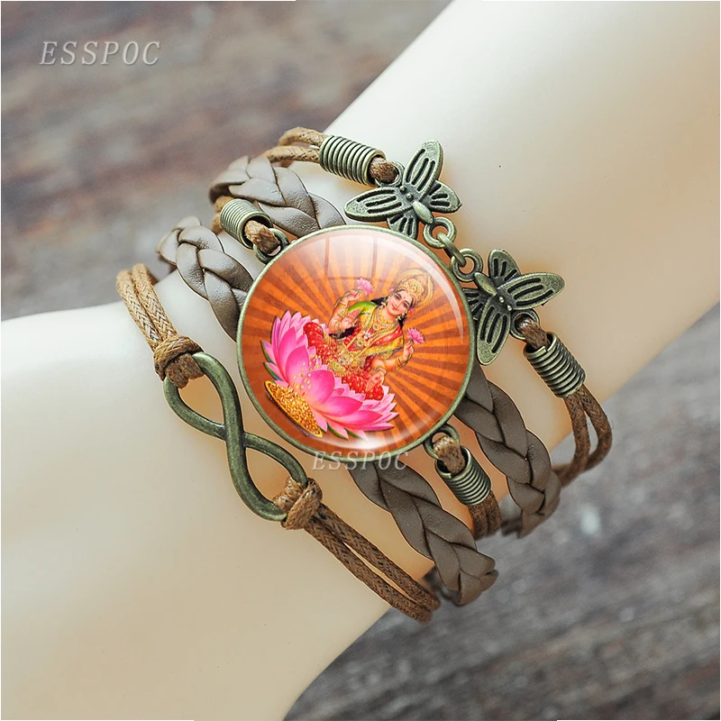 Lakshmi браслет богини художественное изображение стекло кабошон Многослойный кожаный браслет индуизм амулет ювелирные изделия подарок для женщин