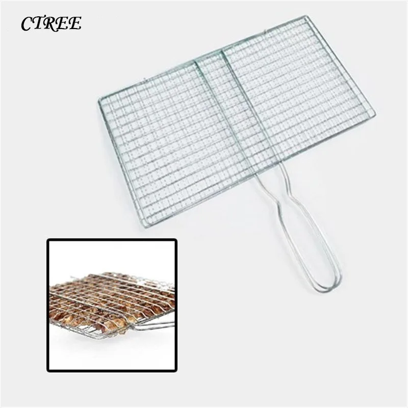 

CTREE 1Pcs Handle Barbecue Net BBQ Stainless Grilling Meshes Clip Meat Fish Vegetable Grill Net Tools For Outdoor BBQ Party C320