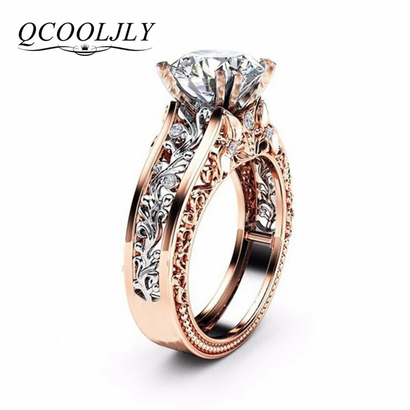 

QCOOLJLY Trendy CZ Stone Ring Jewelry Bague Femme Rose Gold Color Leaf Crystal Wedding Rings for Women Jewelry bijoux femme