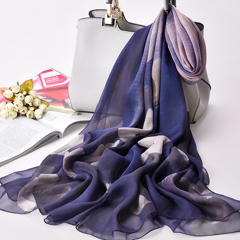 100% Pure Silk Chiffon Scarf Women Print Real Natural Scarves Breathable Sunscreen Seaside Shawls Wraps 175x110cm|Женские шарфы| |