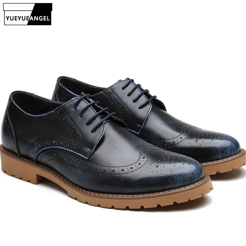 

Genuine Leather Pointed Toe Mens Brogue Shoes British Platform Dress Shoes New Fashion High Quality Brand Zapatos Hombre Vestir
